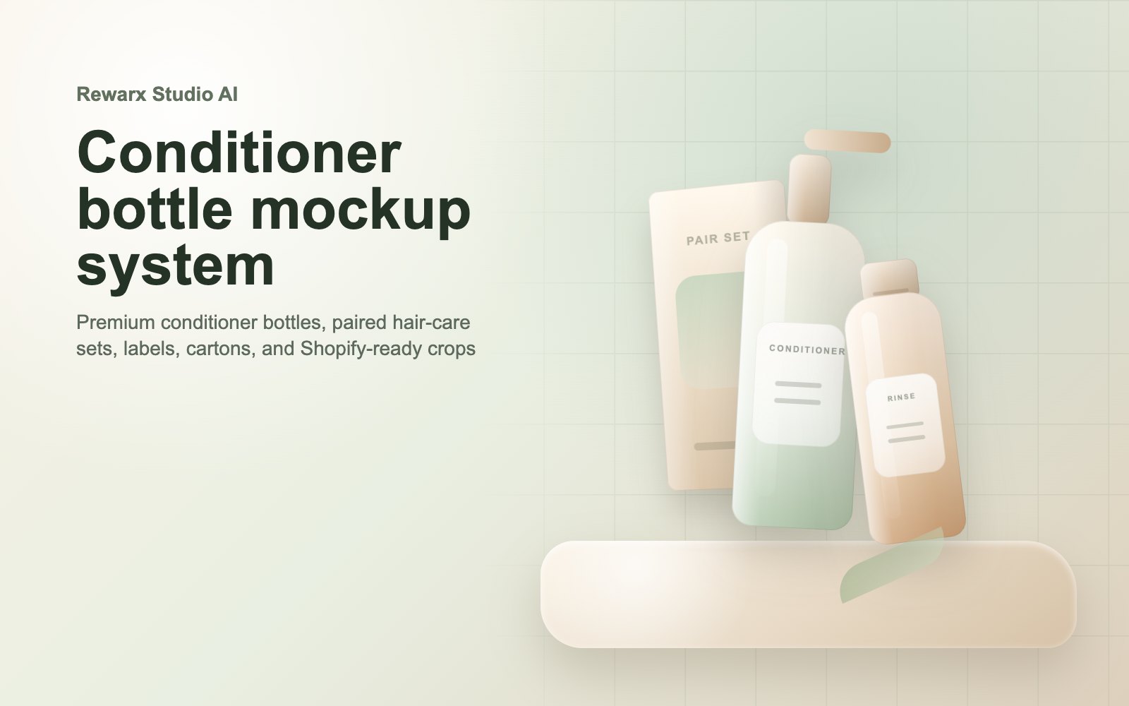 Rewarx Studio AI Shopify mockup-generator til conditionerflaskeflasker: Skab Shopify conditionerflaske-mockups hvor den rigtige SKU er nem at kontrollere Rewarx Studio AI Shopify mockup-generator til conditionerflaskeflasker: Skab Shopify conditionerflaske-mockups hvor den rigtige SKU er nem at kontrollere