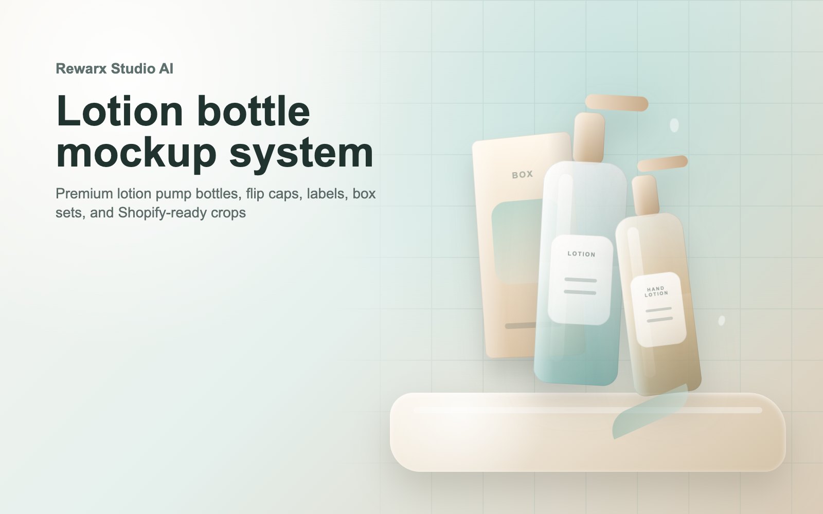 Rewarx Studio AI Shopify 로션 병 목업 생성기: 실제 SKU를 쉽게 검토할 수 있는 Shopify 로션 병 목업을 만드세요