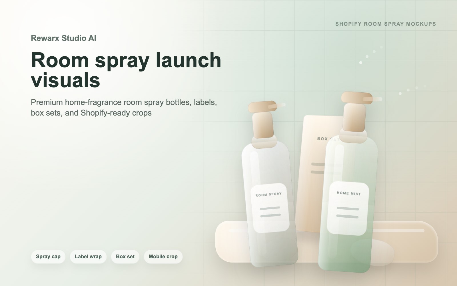 Rewarx Studio AI مولد mockup لعبوات زجاجة room spray Shopify: أين تدعم mockups عبوات زجاجة room spray البيع في Shopify