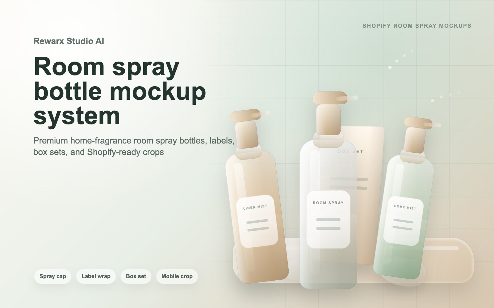 Rewarx Studio AI مولد mockup لعبوات زجاجة room spray Shopify: أنشئ mockups لعبوات زجاجة room spray Shopify تجعل SKU الحقيقي سهل المراجعة
