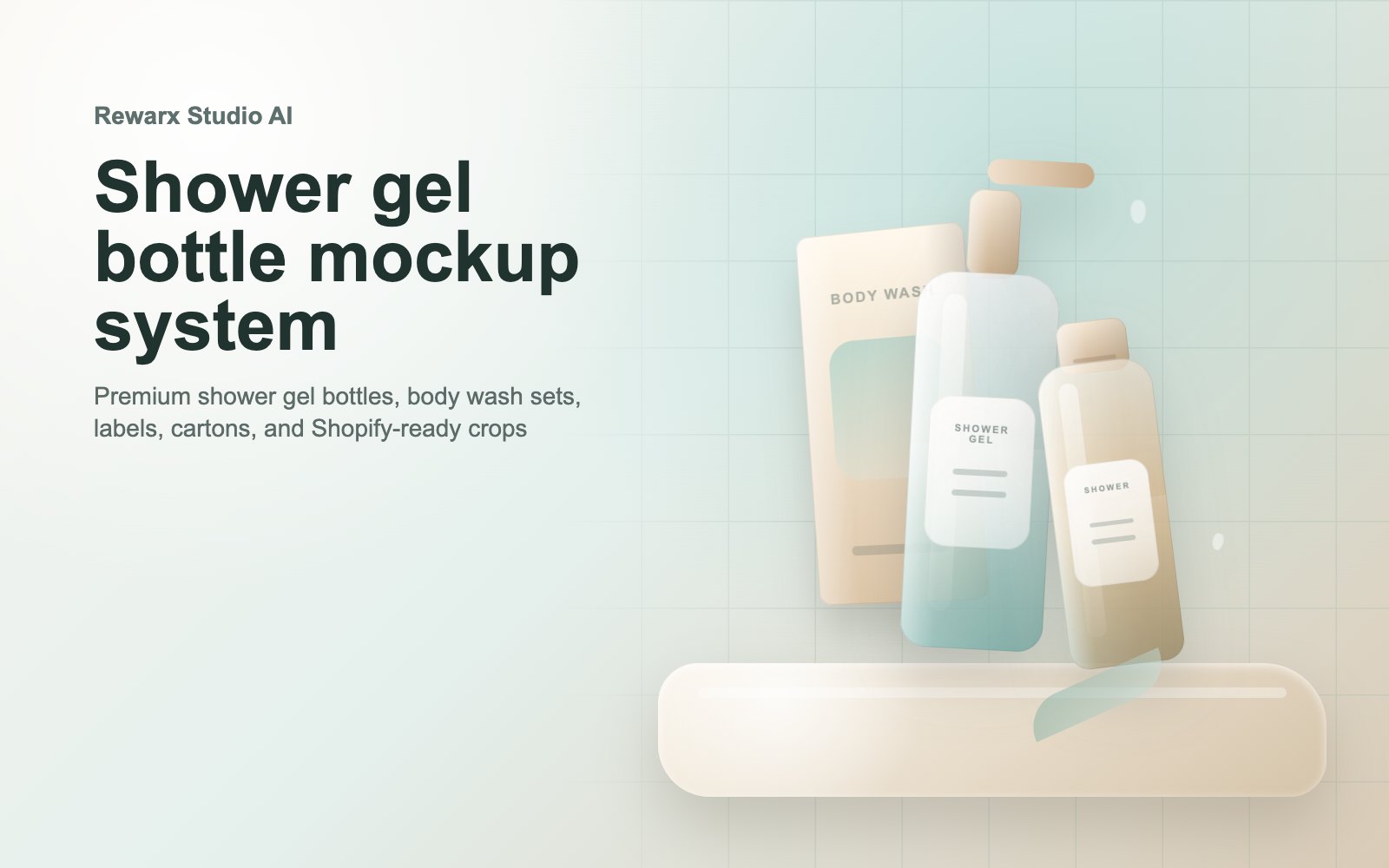 Rewarx Studio AI Shopify Duschgel-Flasche-Flaschen-Mockup-Generator: Erstellen Sie Shopify Duschgel-Flasche-Flaschen-Mockups, bei denen der echte SKU prüfbar bleibt